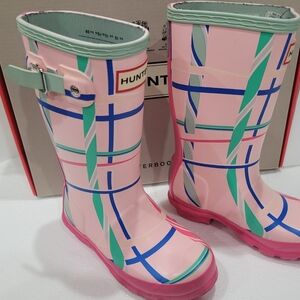 Hunter Kids Pink and Blue Tartan Patterned Rain Boots